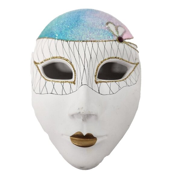 Vintage Venetian Carnival Wall Mask Hanging Ceramic Glittery Hand Painted Decor - Picture 1 of 8